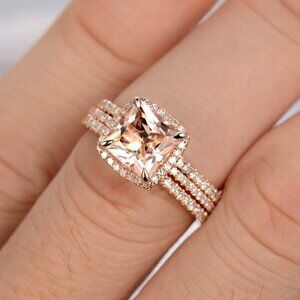 🔥 3pcs A Set Rose Gold Luxury CZ Champagne Stone Wedding Ring for WomenVIP332